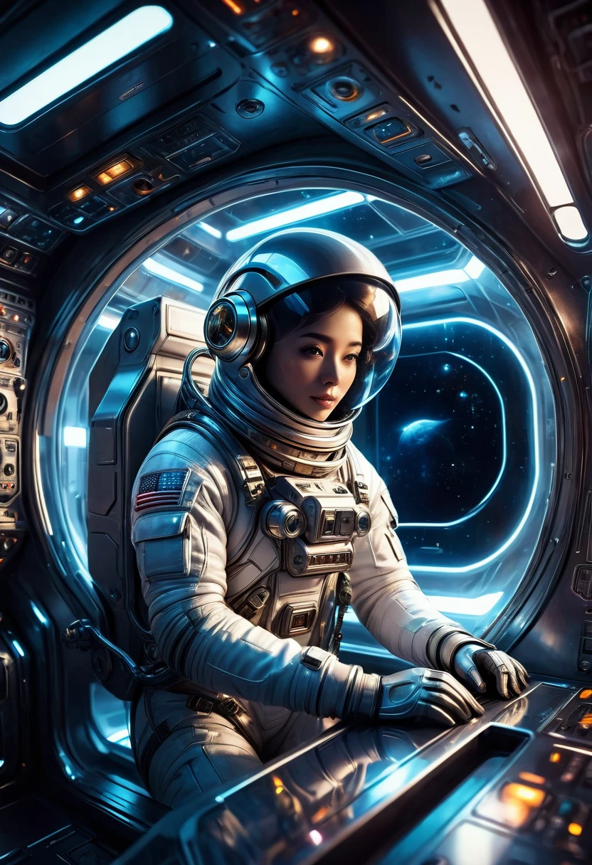 a futuristic astronaut in a space capsule, control panel, high-tech interior, metal and glass materials, atmospheric lighting, dramatic cinematic composition, intricate details, photorealistic, concept art style