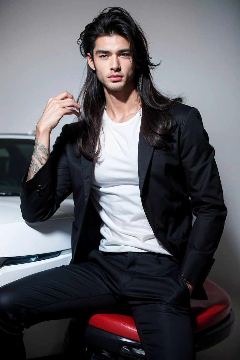 Realistic Photography, Handsome Men, medium long hair, white shirt, muscle, wear black rider jacket