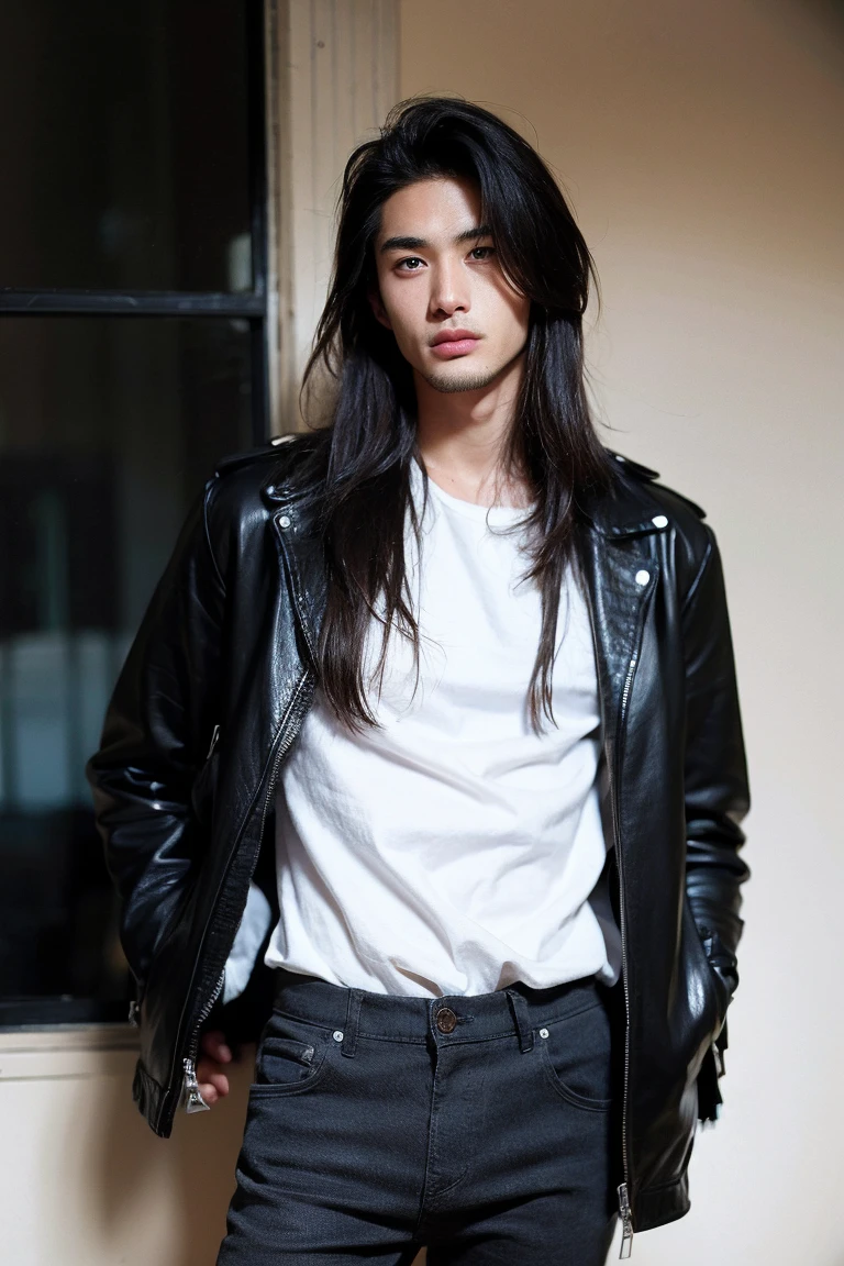 Realistic Photography, Handsome Men, medium long hair, white shirt, muscle, wear black rider jacket