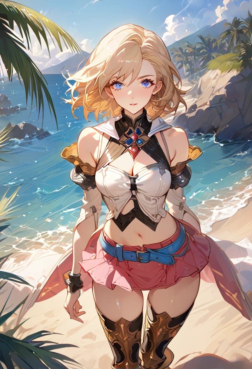 masterpiece, best quality, 8k, 4k, 1girl, ashelia final fantasy xii, Ashelia, medium hair, blonde hair, blue eyes, white detached sailor like collar, brooch, white shirt, cleavage, midriff, detached sleeves, bracer, black corset, pink skirt, microskirt, pink skirt, tight skirt, blue belt, black thigh with gold pattern boots, slim body, looking at viewer, standing nicely, wind blowing, finely detailed eyes and detailed face, face detailed, hair detailed, clothes detailed, ((high quality)), extreme detail, beach sand, palm tree, calm water, high hills overlooking the sea, hollowed hills,  inspired by Asukaziye artist : ask, art style : ask