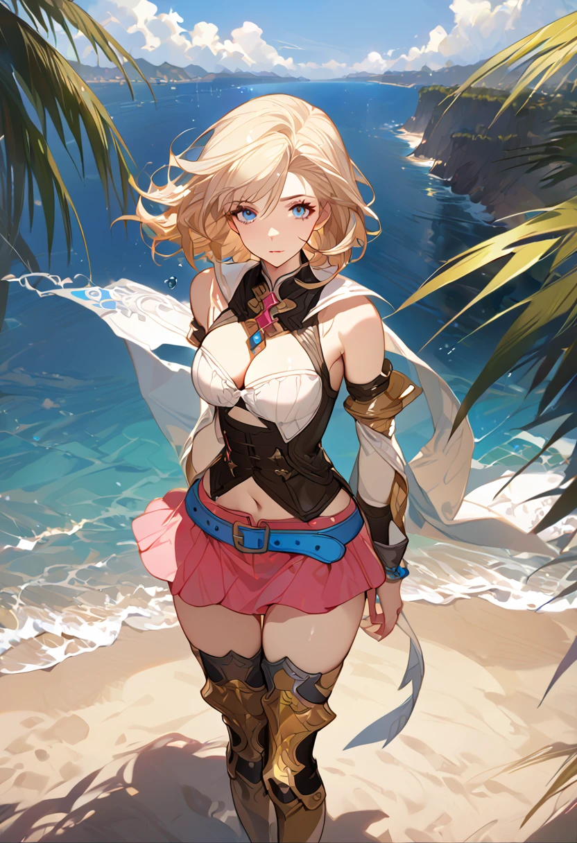 masterpiece, best quality, 8k, 4k, 1girl, ashelia final fantasy xii, Ashelia, medium hair, blonde hair, blue eyes, white detached sailor like collar, brooch, white shirt, cleavage, midriff, detached sleeves, bracer, black corset, pink skirt, microskirt, pink skirt, tight skirt, blue belt, black thigh with gold pattern boots, slim body, looking at viewer, standing nicely, wind blowing, finely detailed eyes and detailed face, face detailed, hair detailed, clothes detailed, ((high quality)), extreme detail, beach sand, palm tree, calm water, high hills overlooking the sea, hollowed hills,  inspired by Asukaziye artist : ask, art style : ask