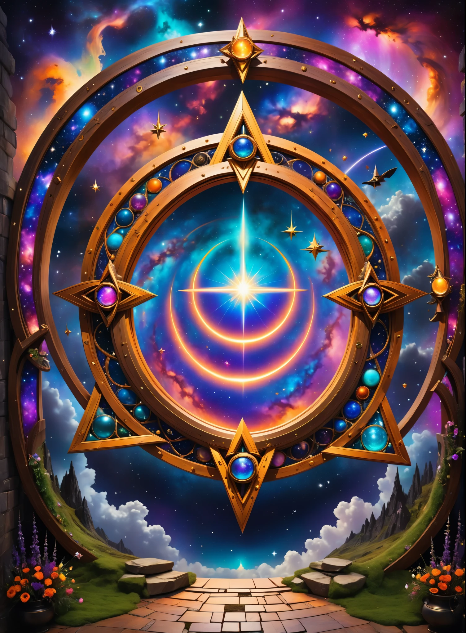((best quality)), ((masterpiece)), (detailed), magic, witchcraft, witch accessories, perfect symmetry, big colorful portal to the galaxy in the middle of the composition, spiritual practice, harmony