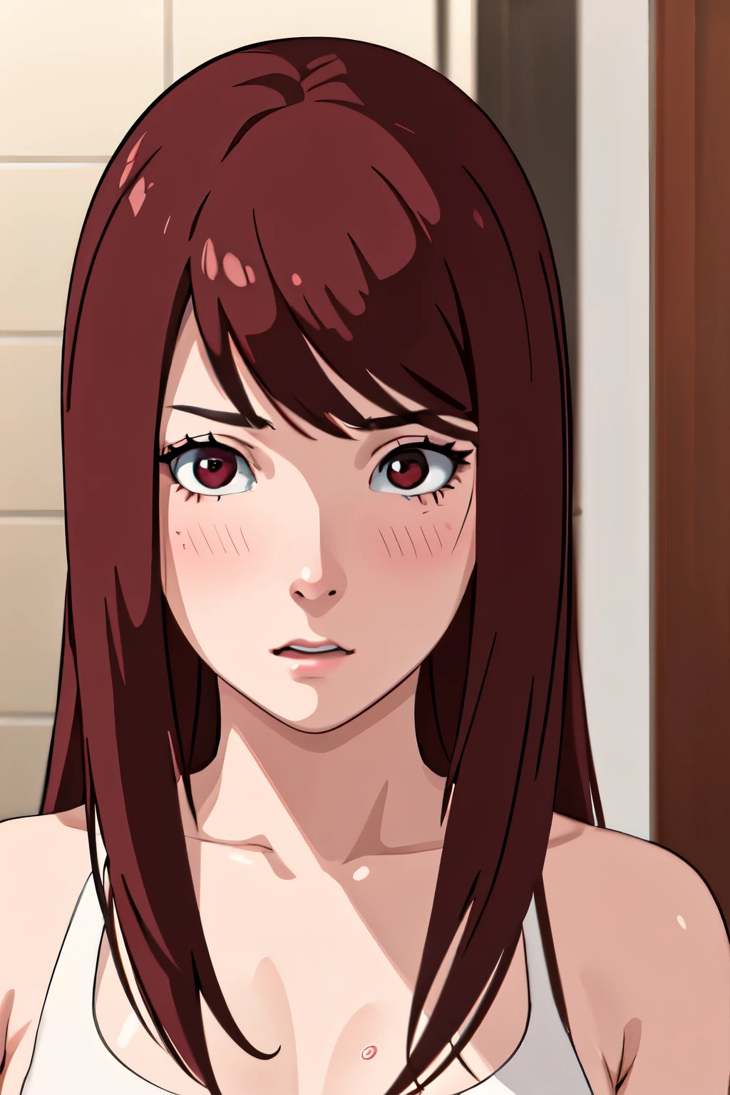1girl,white bikini,blush,, brown hair,red eyes,Standing in bathroom, close up photo, ultra detail, ultra HD