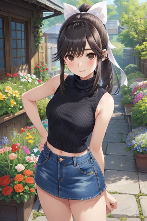 nsfw,
Gaoling loves flowers、Shiny brown hair, Long Hair、Ponytail with ribbon,, Beautiful brown eyes、smile、Sparkling eyes, (Fine grain)、Ultra-detailed eyes、Very detailedな顔, Very detailedな目,

masterpiece,Highest quality,High resolution,Very detailed,masterpiece, Highest quality, High resolution, Medium chest、

, One girl, (Black sleeveless turtleneck cropped knit、Denim mini skirt), Stand and put your hands behind your back, Deep Shadow,garden