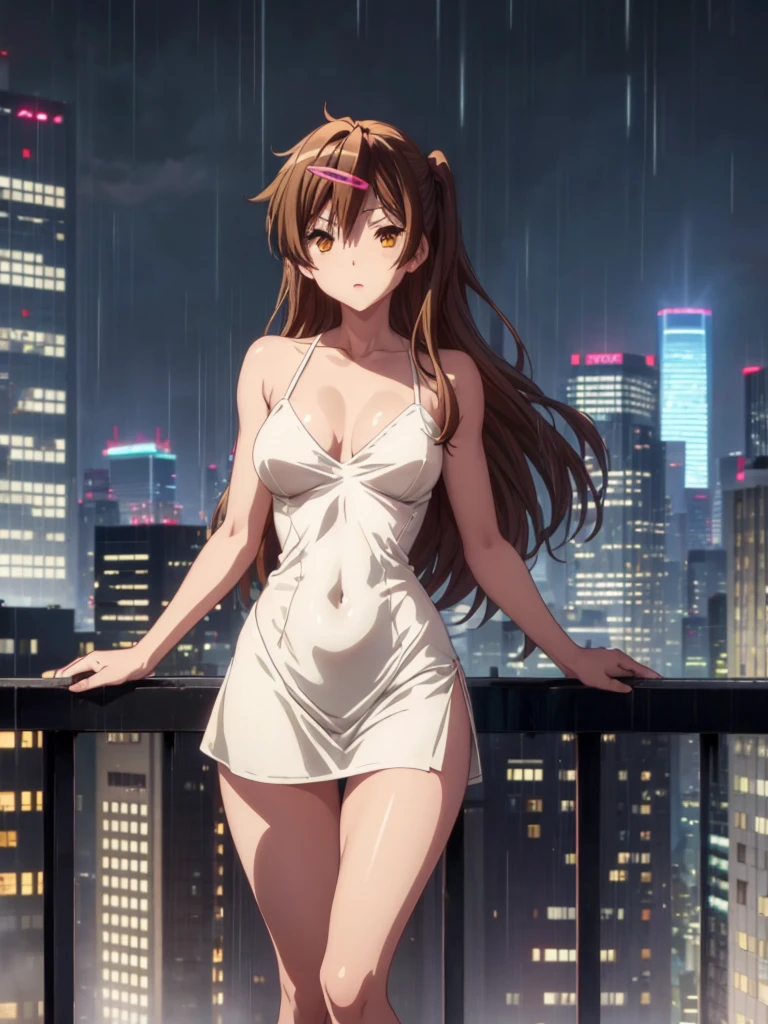 Girl, thong, Unbuttoned Blouse, Blouse on a naked body,  You can see her breasts,  Bare breasts, chest visible, Skyscraper balcony  background, night, rain, slim body, In full growth, Stiletto Shoes, Bare breasts, She threw open her hands, small breast 