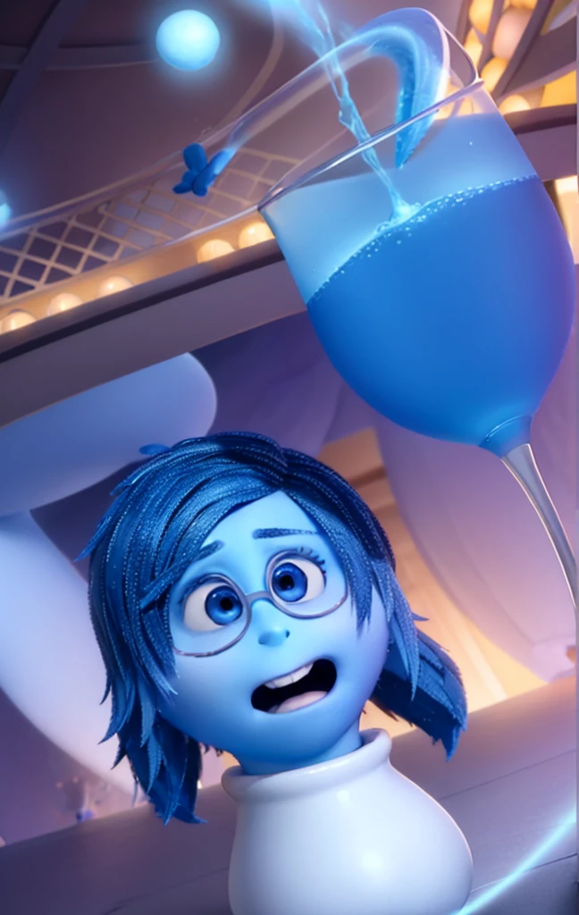 work of art, best qualityer, (happiness_InsideOut , high branch throat, blue eye, blue short hair,  cups, happiness),   colorful glowing spheres, pixar, animated cartoon, 3D rendering, sfw, 