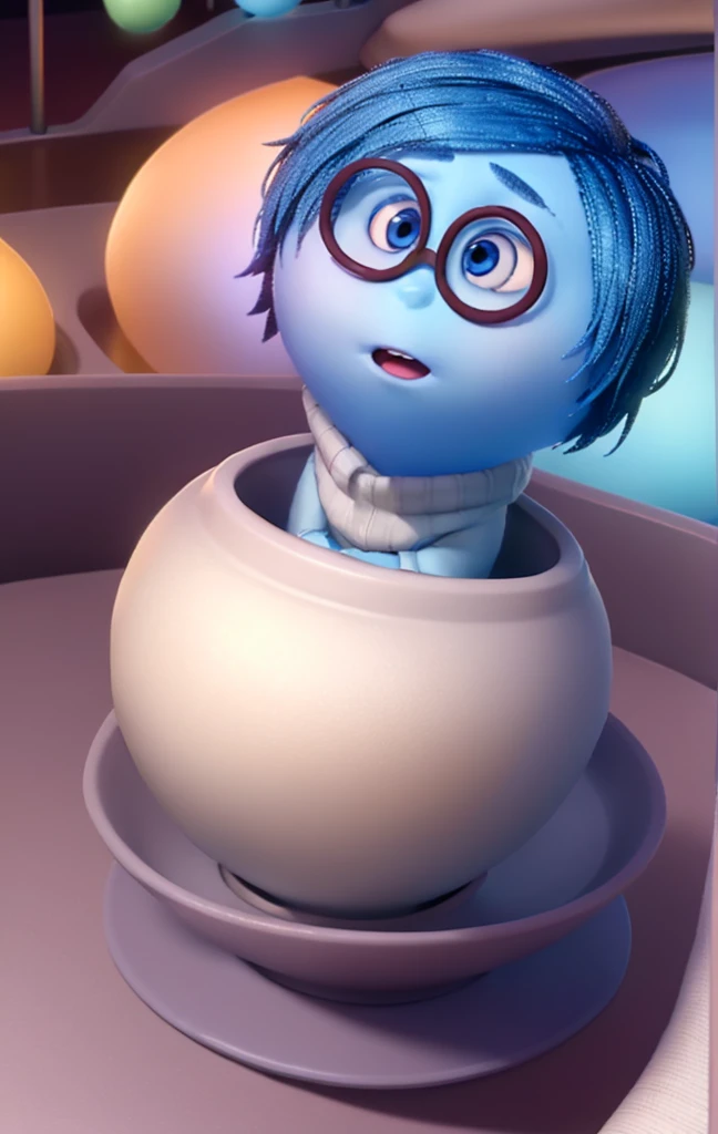 work of art, best qualityer, (happiness_InsideOut , high branch throat, blue eye, blue short hair,  cups, happiness),   colorful glowing spheres, pixar, animated cartoon, 3D rendering, sfw, 