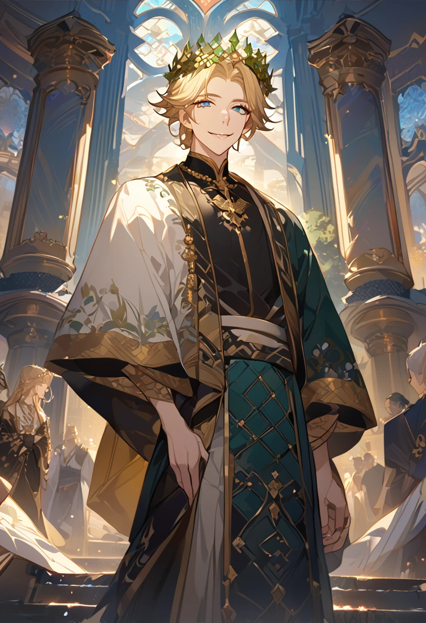 masterpiece, best quality, 8k ,4k , 1male, elf King, Golden Blond, Blue greenish eyes, gold wreath crown, hair ornament, finely detailed eyes and detailed face, looking at viewer, black sleeveless, half robe, patterned clothes, gold embroidery clothes, meticulous clothes, mature clothe, majestic looks, smiling gently, small bird, full body, inspired by Asukaziye artist : ask, art style : ask