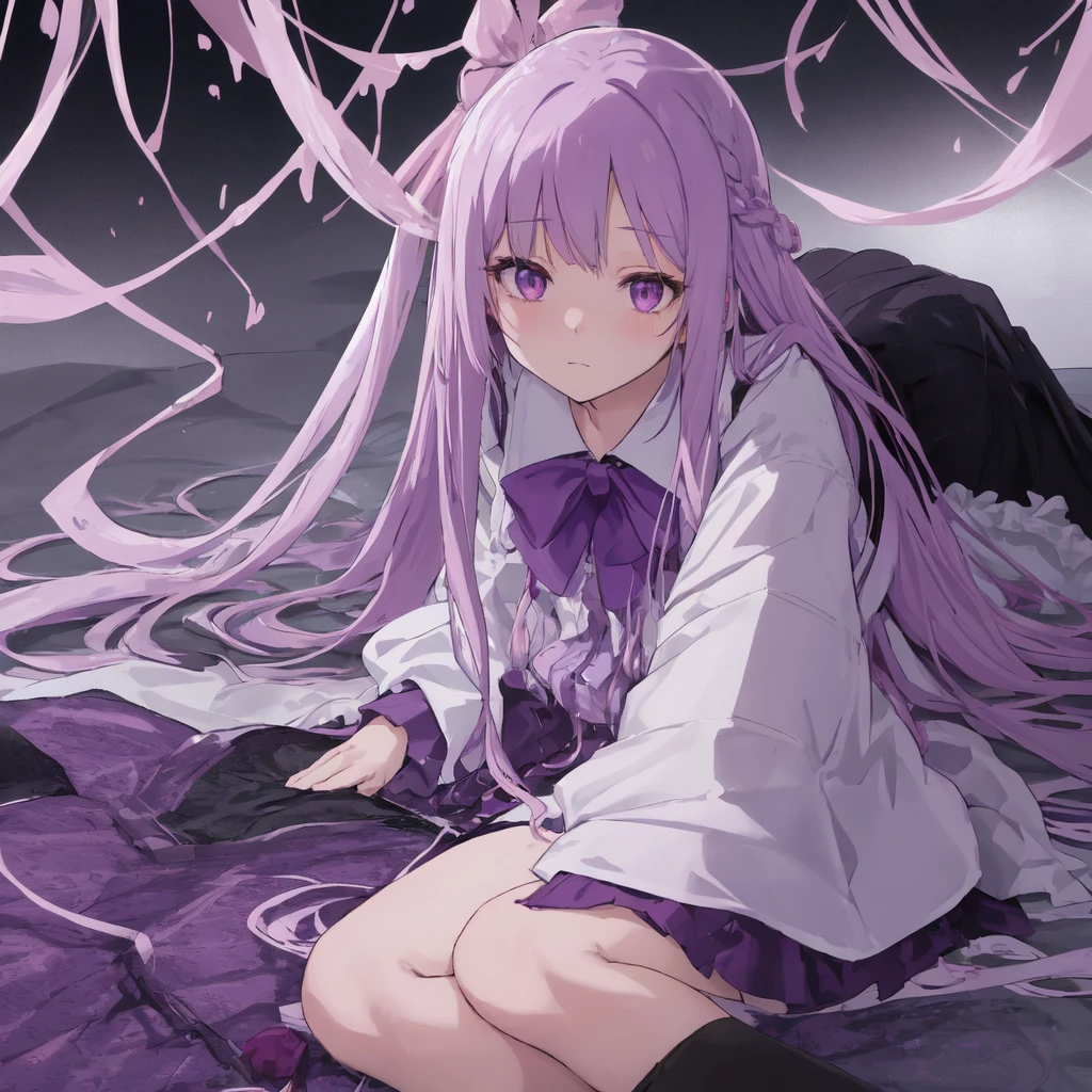 a beautiful girl with long light purple hair wearing a shiny pink raincoat, laying on a bed with white sheets and pillows, looking up at the viewer with an embarrassed and shy expression, her clothes are dripping and splattered with mud, detailed eyes, black pleated skirt, perfect anatomy, kyouko kirigiri, long hair with bangs, ribbon, purple eyes, single braid