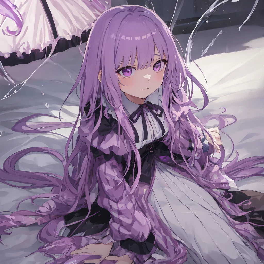 a beautiful girl with long light purple hair wearing a shiny pink raincoat, laying on a bed with white sheets and pillows, looking up at the viewer with an embarrassed and shy expression, her clothes are dripping and splattered with mud, detailed eyes, black pleated skirt, perfect anatomy, kyouko kirigiri, long hair with bangs, ribbon, purple eyes, single braid