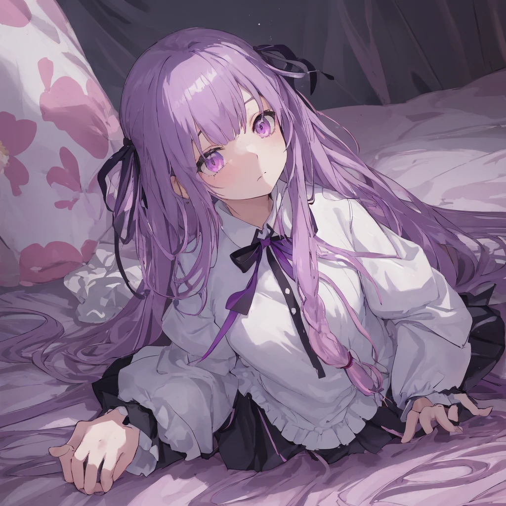 a beautiful girl with long light purple hair wearing a shiny pink raincoat, laying on a bed with white sheets and pillows, looking up at the viewer with an embarrassed and shy expression, her clothes are dripping and splattered with mud, detailed eyes, black pleated skirt, perfect anatomy, kyouko kirigiri, long hair with bangs, ribbon, purple eyes, single braid