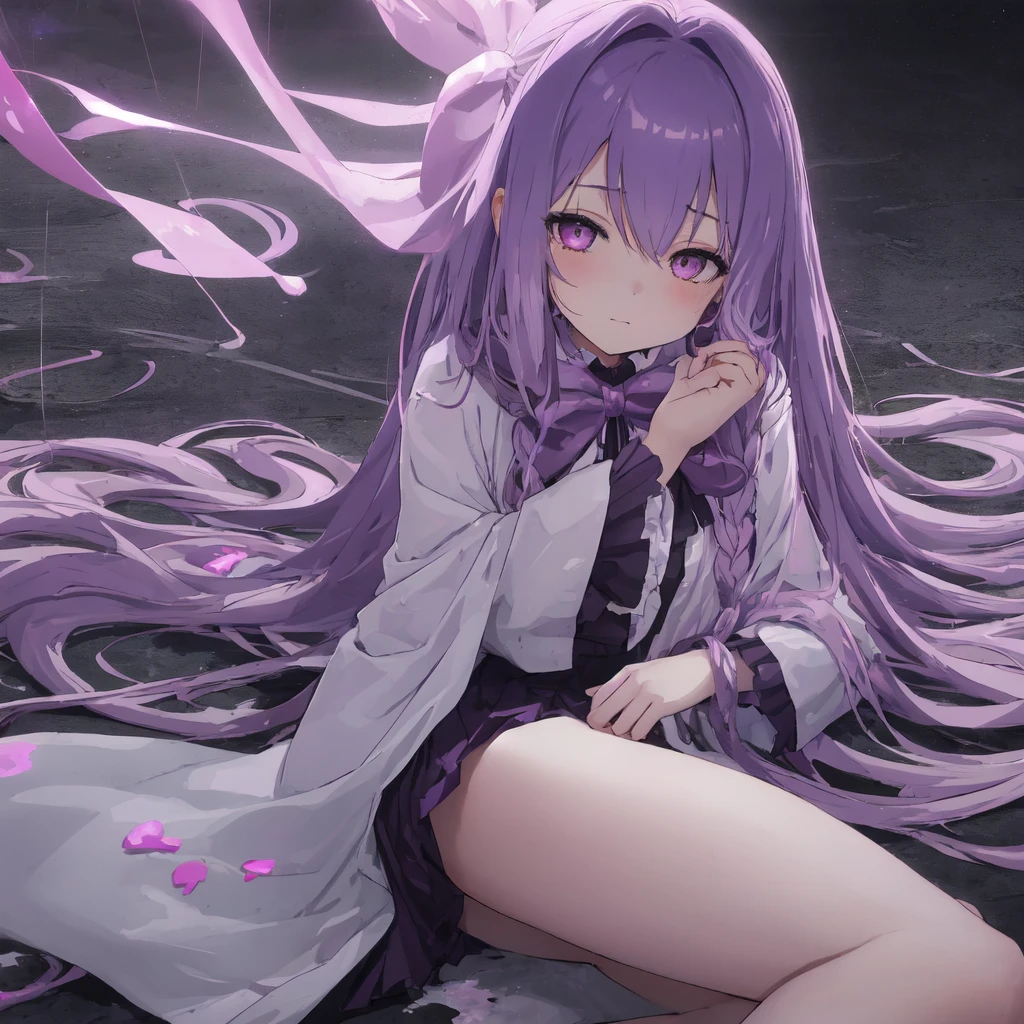 a beautiful girl with long light purple hair wearing a shiny pink raincoat, laying on a bed with white sheets and pillows, looking up at the viewer with an embarrassed and shy expression, her clothes are dripping and splattered with mud, detailed eyes, black pleated skirt, perfect anatomy, kyouko kirigiri, long hair with bangs, ribbon, purple eyes, single braid