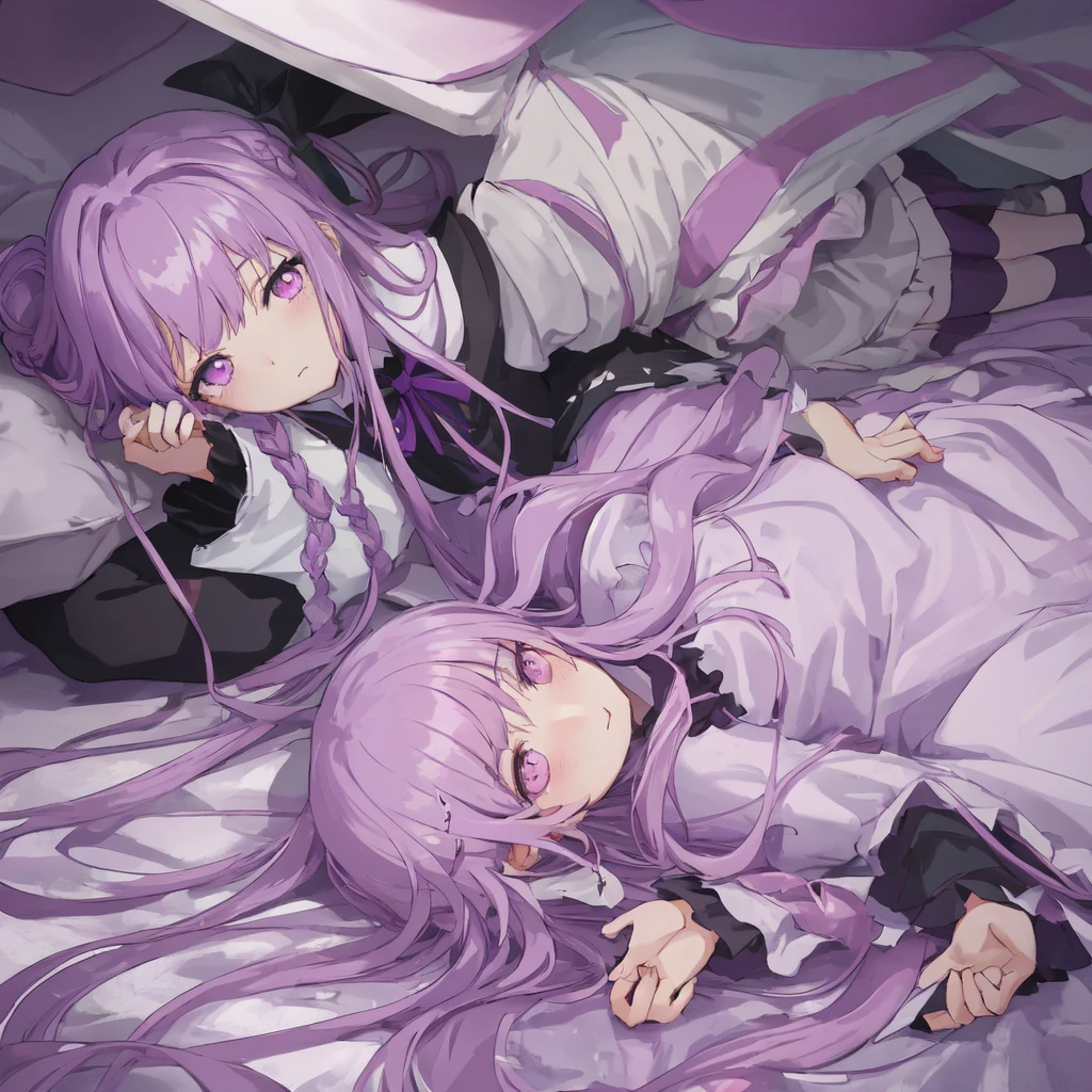 a beautiful girl with long light purple hair wearing a shiny pink raincoat, laying on a bed with white sheets and pillows, looking up at the viewer with an embarrassed and shy expression, her clothes are dripping and splattered with mud, detailed eyes, black pleated skirt, perfect anatomy, kyouko kirigiri, long hair with bangs, ribbon, purple eyes, single braid