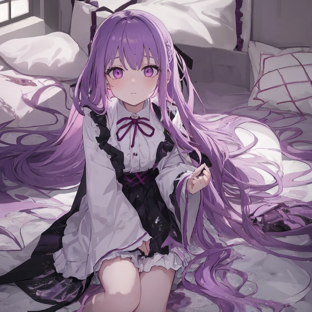 a beautiful girl with long light purple hair wearing a shiny pink raincoat, laying on a bed with white sheets and pillows, looking up at the viewer with an embarrassed and shy expression, her clothes are dripping and splattered with mud, detailed eyes, black pleated skirt, perfect anatomy, kyouko kirigiri, long hair with bangs, ribbon, purple eyes, single braid