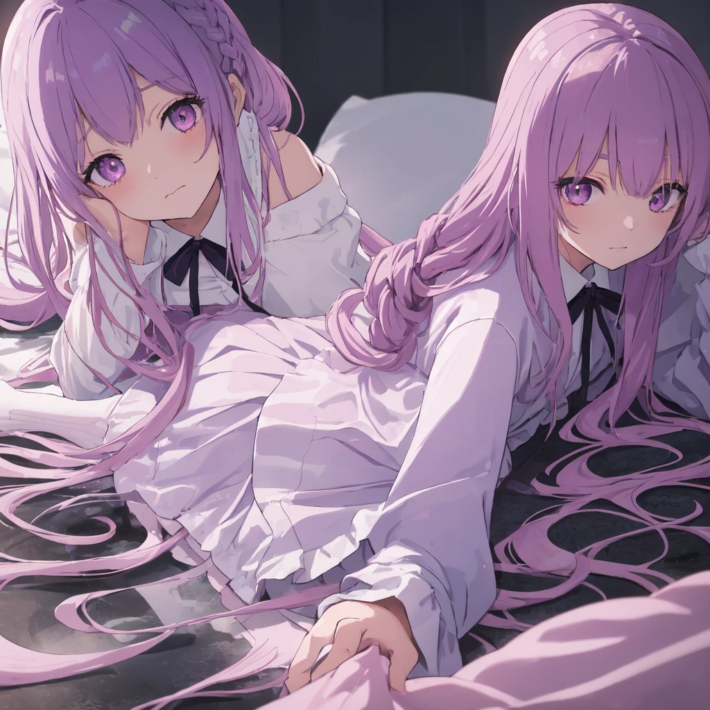 a beautiful girl with long light purple hair wearing a shiny pink raincoat, laying on a bed with white sheets and pillows, looking up at the viewer with an embarrassed and shy expression, her clothes are dripping and splattered with mud, detailed eyes, black pleated skirt, perfect anatomy, kyouko kirigiri, long hair with bangs, ribbon, purple eyes, single braid