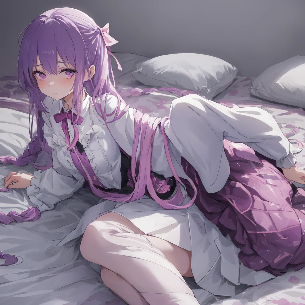 a beautiful girl with long light purple hair wearing a shiny pink raincoat, laying on a bed with white sheets and pillows, looking up at the viewer with an embarrassed and shy expression, her clothes are dripping and splattered with mud, detailed eyes, black pleated skirt, perfect anatomy, kyouko kirigiri, long hair with bangs, ribbon, purple eyes, single braid