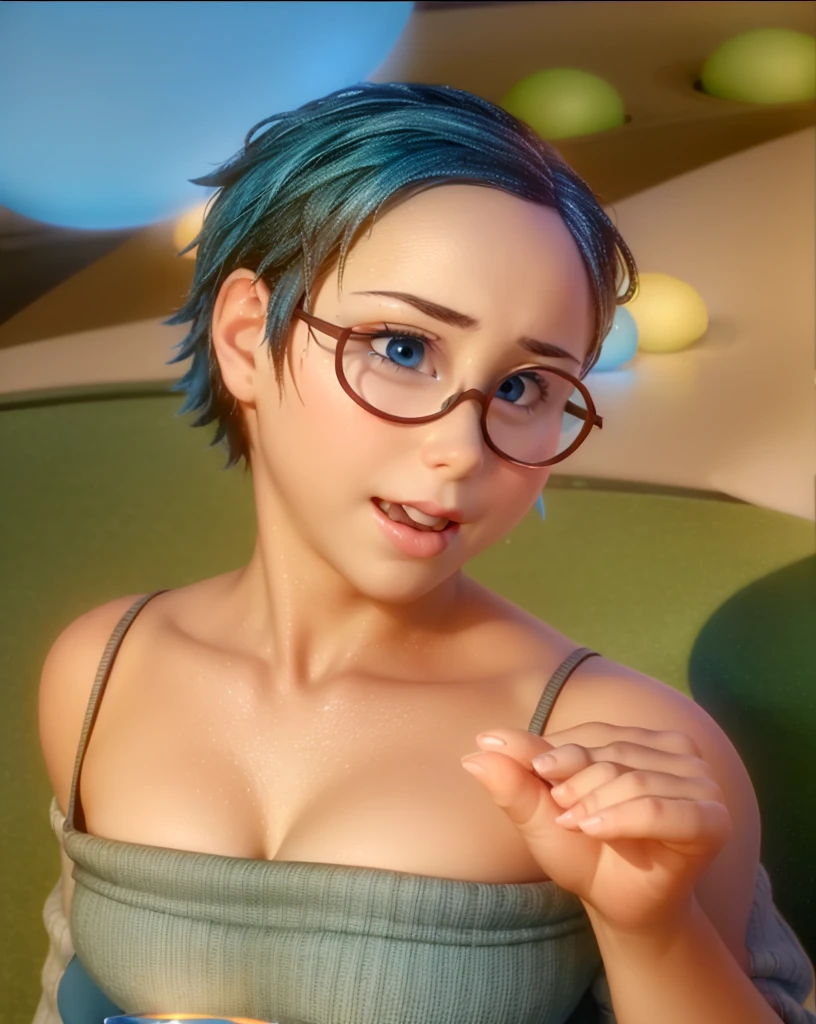 work of art, best qualityer, (happiness_InsideOut , high branch throat, blue eye, blue short hair, cups, happiness), colorful glowing spheres, pixar, animated cartoon, 3D rendering, sfw,
