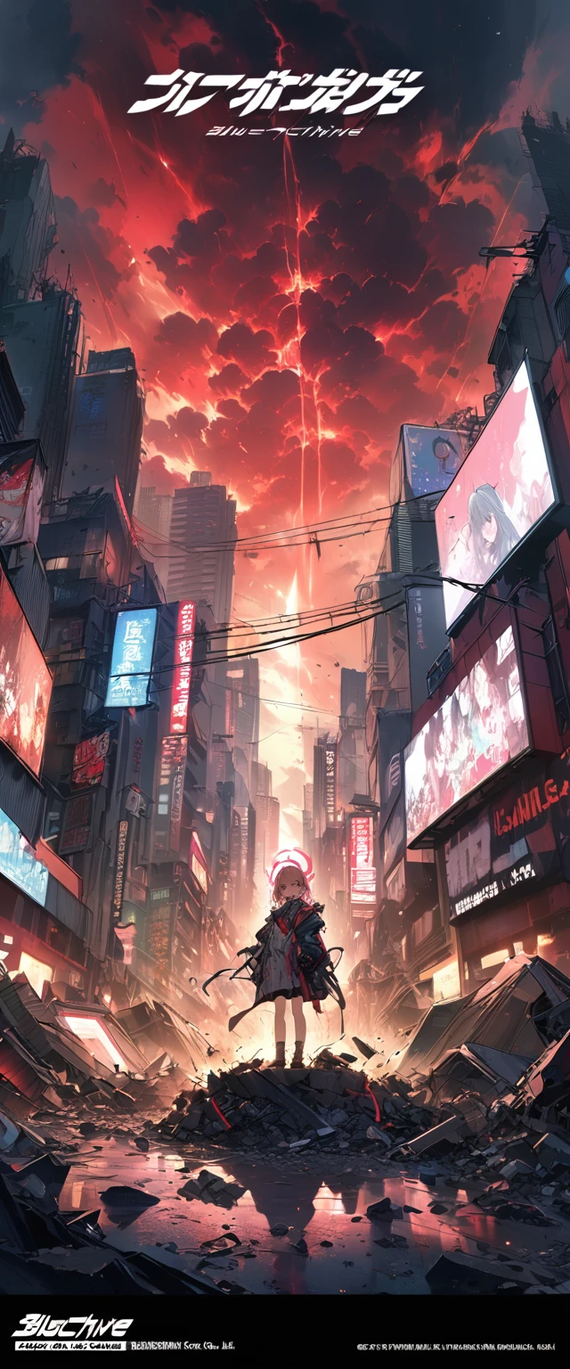 1girl,  sunaba suzume,  blue archive, cityscape, apocalyptic, red_sky, debris, billboards, japanese_text, anime_style, dramatic_lighting, urban, chaos, vibrant_colors, night, neon_signs, destruction, wide_shot, cloud_fragments, floating_debris, ominous_atmosphere, digital_art, official art, ((very aesthetic, best quality, ultra detailed)), vector art
