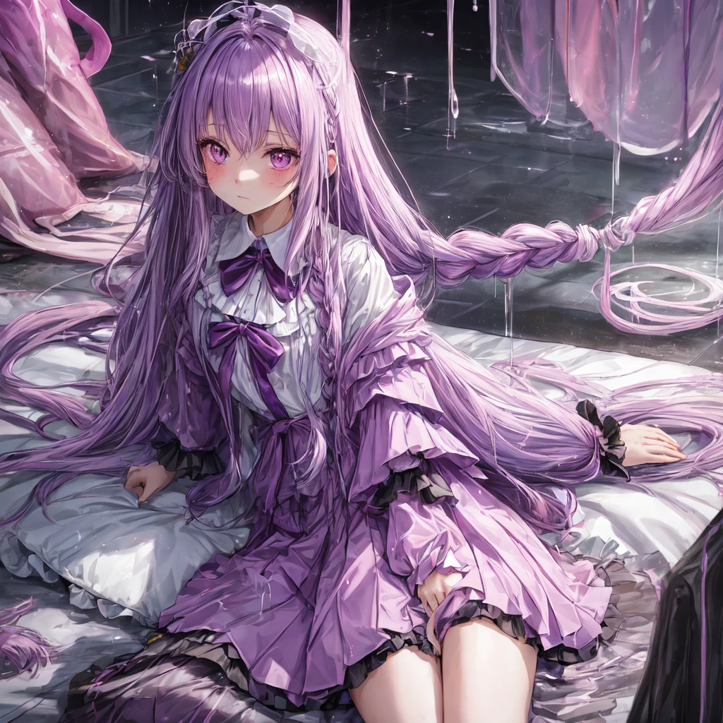 a beautiful girl with long light purple hair wearing a shiny pink raincoat, laying on a bed with white sheets and pillows, looking up at the viewer with an embarrassed and shy expression, her clothes are dripping and splattered with mud, detailed eyes, black pleated skirt, perfect anatomy, kyouko kirigiri, long hair with bangs, ribbon, purple eyes, single braid