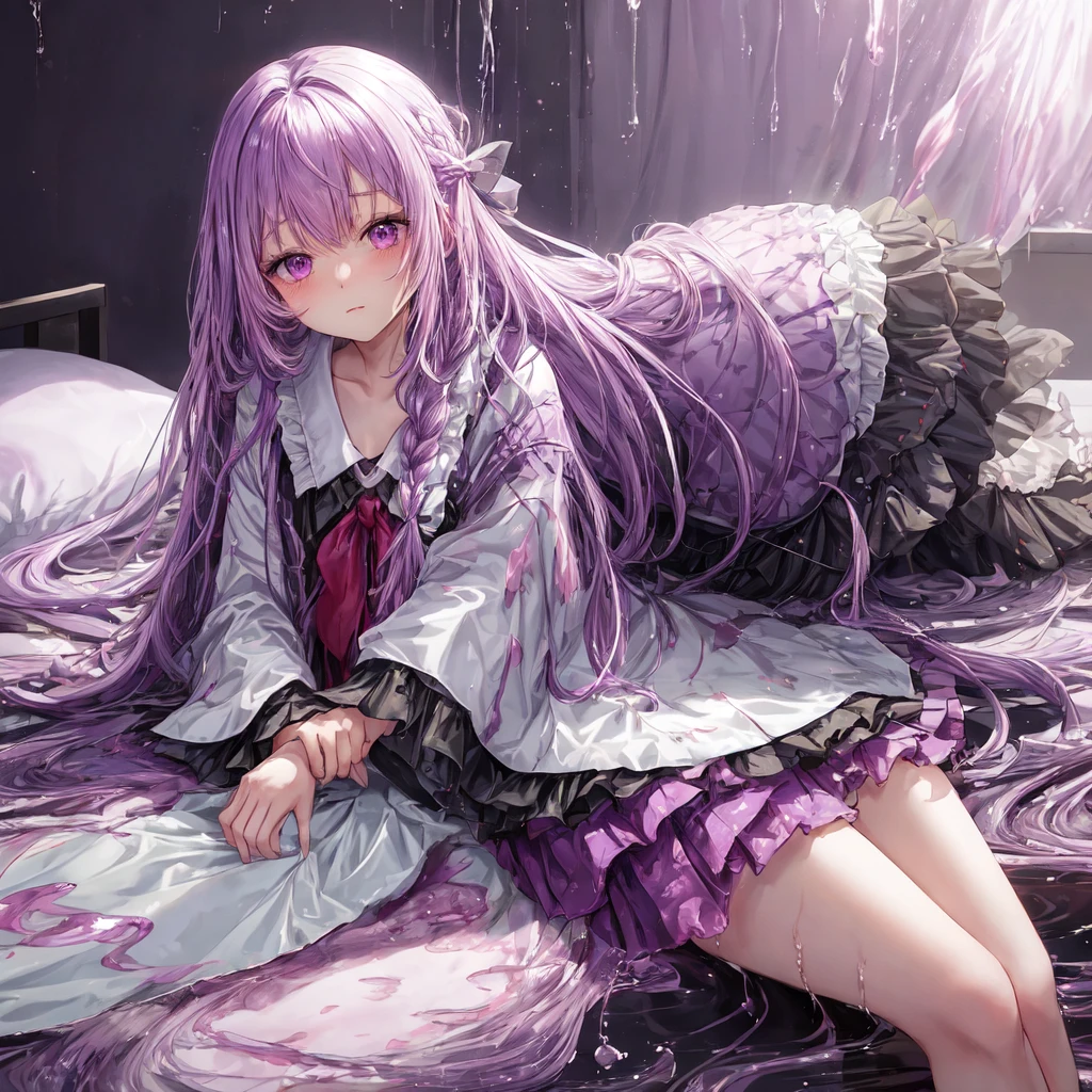 a beautiful girl with long light purple hair wearing a shiny pink raincoat, laying on a bed with white sheets and pillows, looking up at the viewer with an embarrassed and shy expression, her clothes are dripping and splattered with mud, detailed eyes, black pleated skirt, perfect anatomy, kyouko kirigiri, long hair with bangs, ribbon, purple eyes, single braid