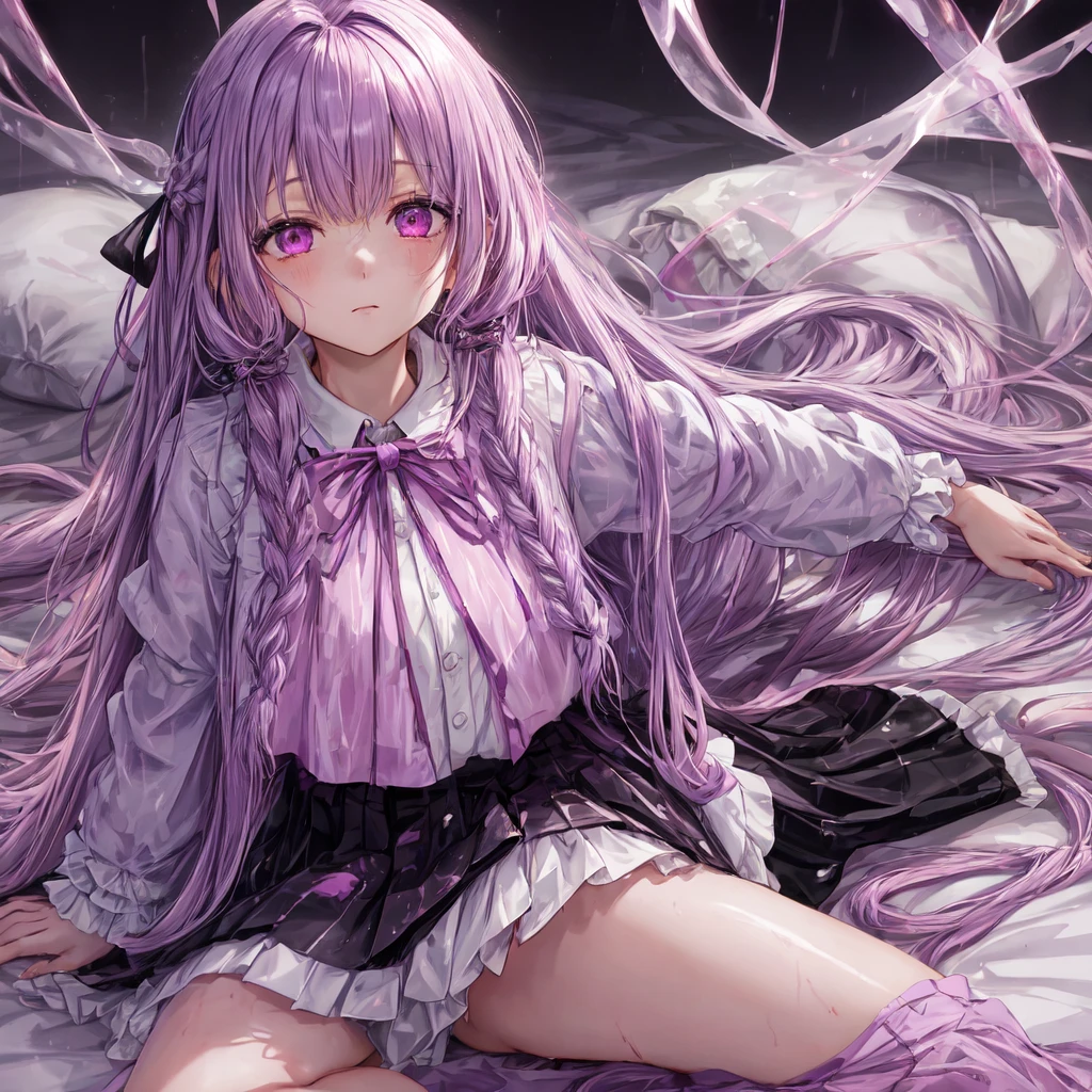 a beautiful girl with long light purple hair wearing a shiny pink raincoat, laying on a bed with white sheets and pillows, looking up at the viewer with an embarrassed and shy expression, her clothes are dripping and splattered with mud, detailed eyes, black pleated skirt, perfect anatomy, kyouko kirigiri, long hair with bangs, ribbon, purple eyes, single braid