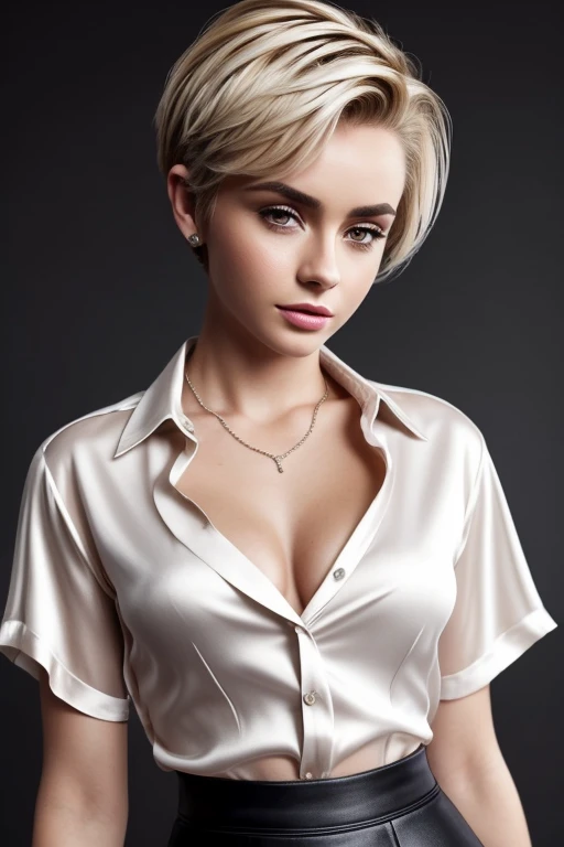 Gorgeous european woman with very short hair, short messy pixie hair, wet hair, hair slicked back, combed straight back, slick hair, streaked blonde hair, seductive pose, sabrina carpenter, slitted silk pencil skirt and unbuttoned blouse, cleavage, solid dark grey background