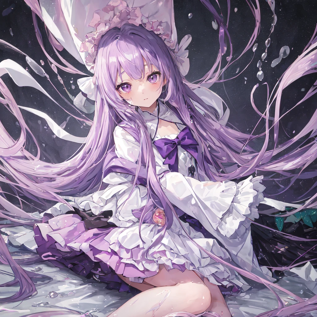 a beautiful girl with long light purple hair wearing a shiny pink raincoat, laying on a bed with white sheets and pillows, looking up at the viewer with an embarrassed and shy expression, her clothes are dripping and splattered with mud, detailed eyes, black pleated skirt, perfect anatomy, kyouko kirigiri, long hair with bangs, ribbon, purple eyes, single braid