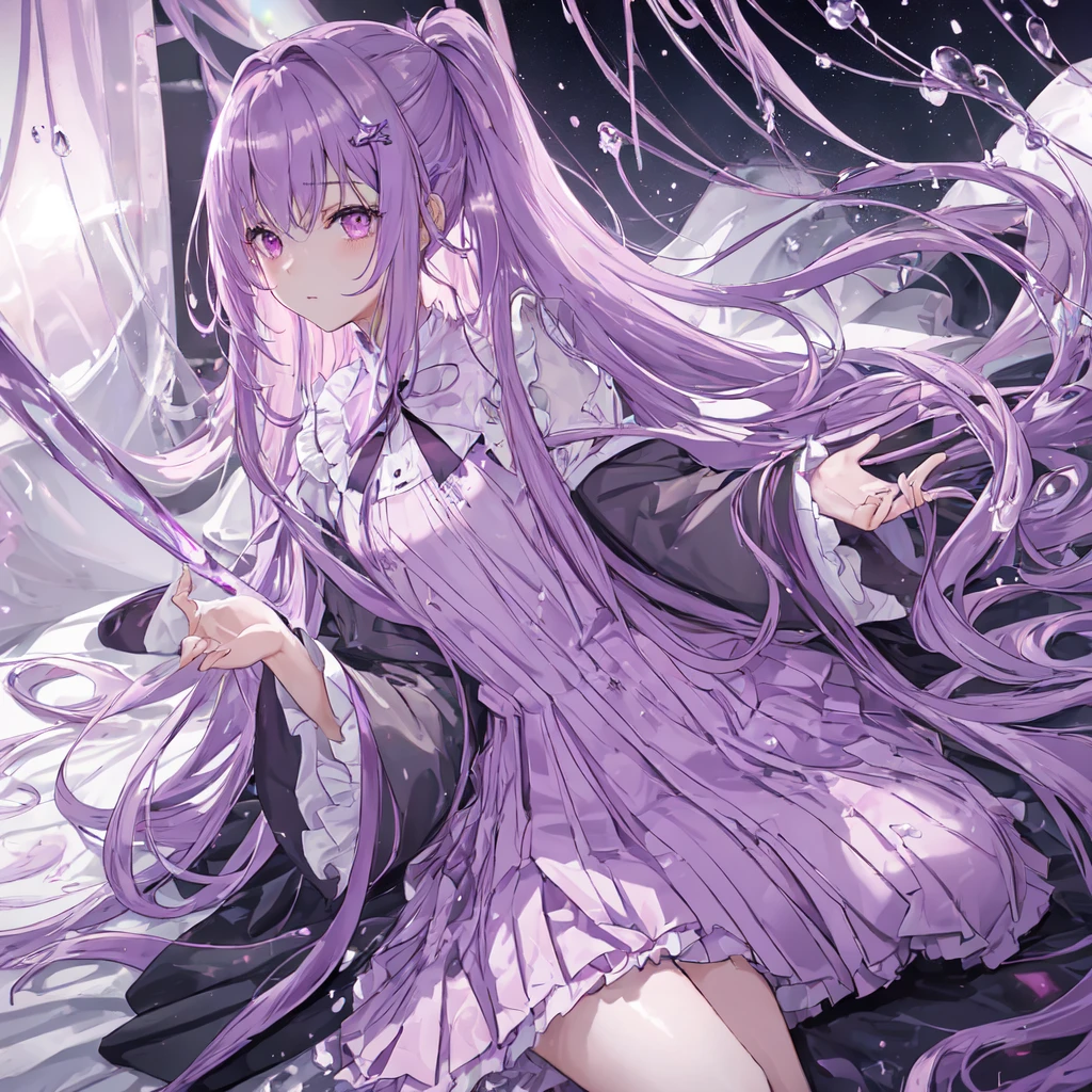 a beautiful girl with long light purple hair wearing a shiny pink raincoat, laying on a bed with white sheets and pillows, looking up at the viewer with an embarrassed and shy expression, her clothes are dripping and splattered with mud, detailed eyes, black pleated skirt, perfect anatomy, kyouko kirigiri, long hair with bangs, ribbon, purple eyes, single braid