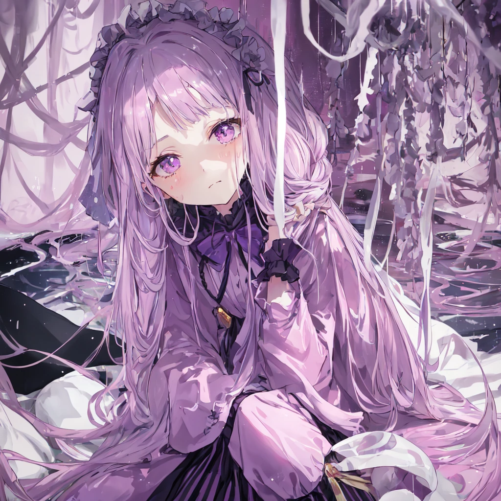 a beautiful girl with long light purple hair wearing a shiny pink raincoat, laying on a bed with white sheets and pillows, looking up at the viewer with an embarrassed and shy expression, her clothes are dripping and splattered with mud, detailed eyes, black pleated skirt, perfect anatomy, kyouko kirigiri, long hair with bangs, ribbon, purple eyes, single braid