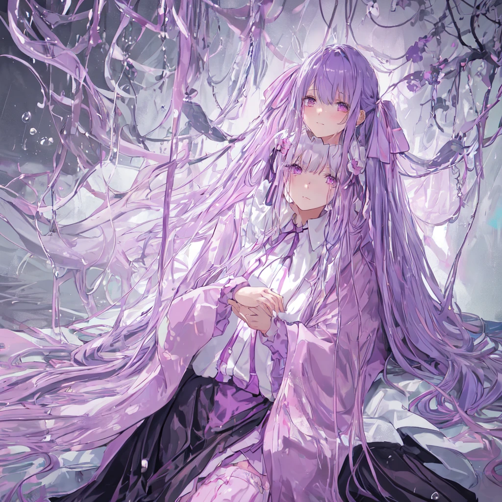 a beautiful girl with long light purple hair wearing a shiny pink raincoat, laying on a bed with white sheets and pillows, looking up at the viewer with an embarrassed and shy expression, her clothes are dripping and splattered with mud, detailed eyes, black pleated skirt, perfect anatomy, kyouko kirigiri, long hair with bangs, ribbon, purple eyes, single braid