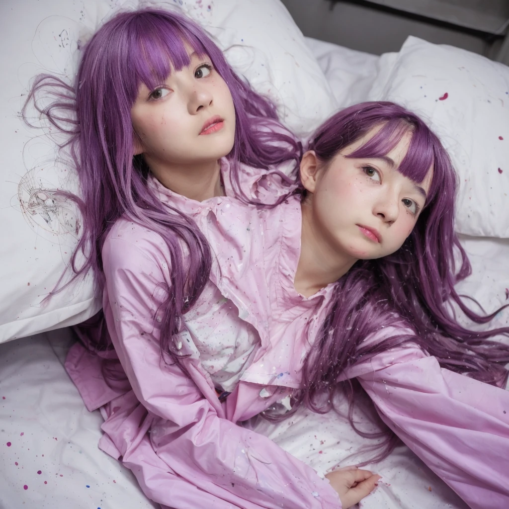 a beautiful girl with long light purple hair wearing a shiny pink raincoat, laying on a bed with white sheets and pillows, looking up at the viewer with an embarrassed and shy expression, her clothes are dripping and splattered with mud, detailed eyes, black pleated skirt, perfect anatomy, kyouko kirigiri, long hair with bangs, ribbon, purple eyes, single braid