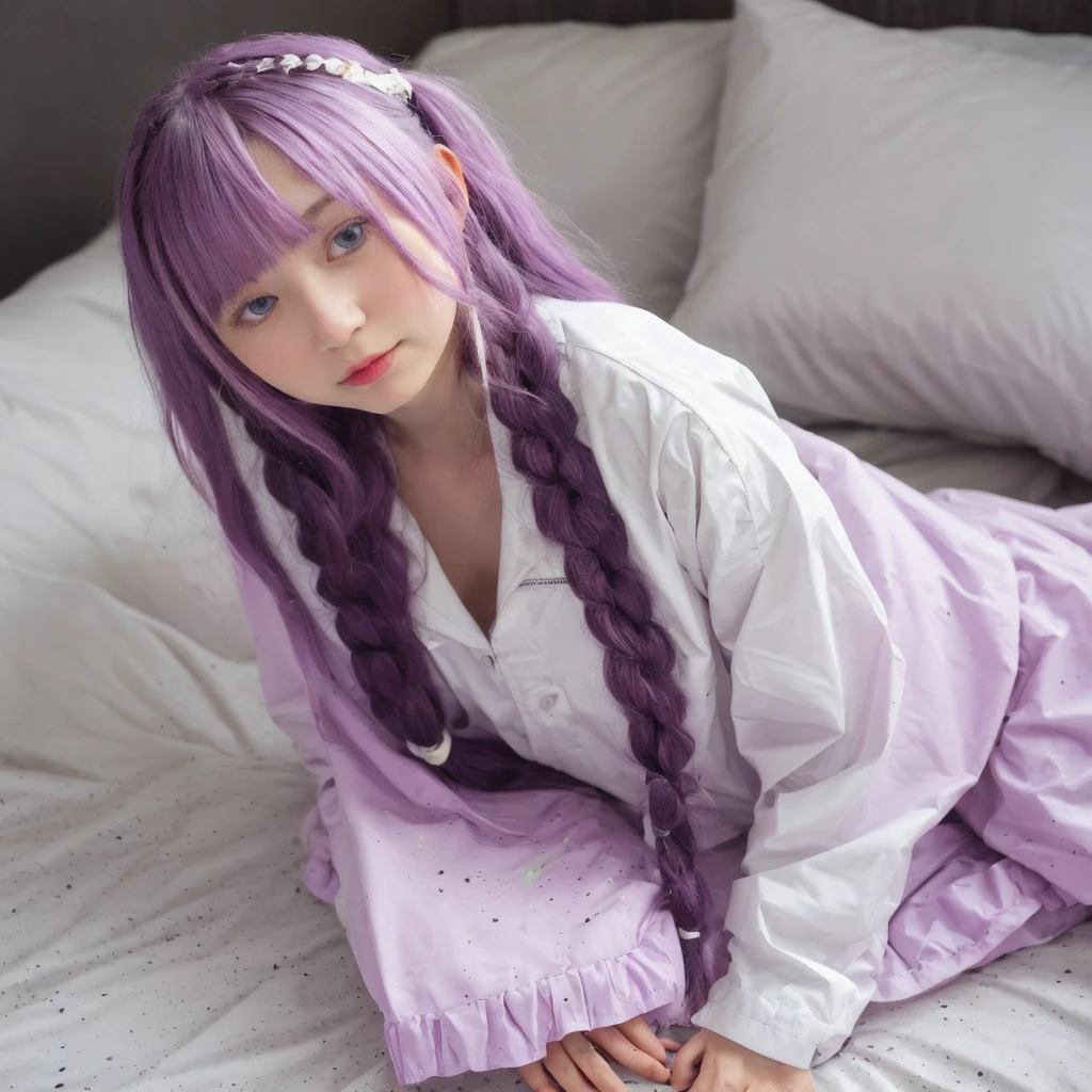 a beautiful girl with long light purple hair wearing a shiny pink raincoat, laying on a bed with white sheets and pillows, looking up at the viewer with an embarrassed and shy expression, her clothes are dripping and splattered with mud, detailed eyes, black pleated skirt, perfect anatomy, kyouko kirigiri, long hair with bangs, ribbon, purple eyes, single braid