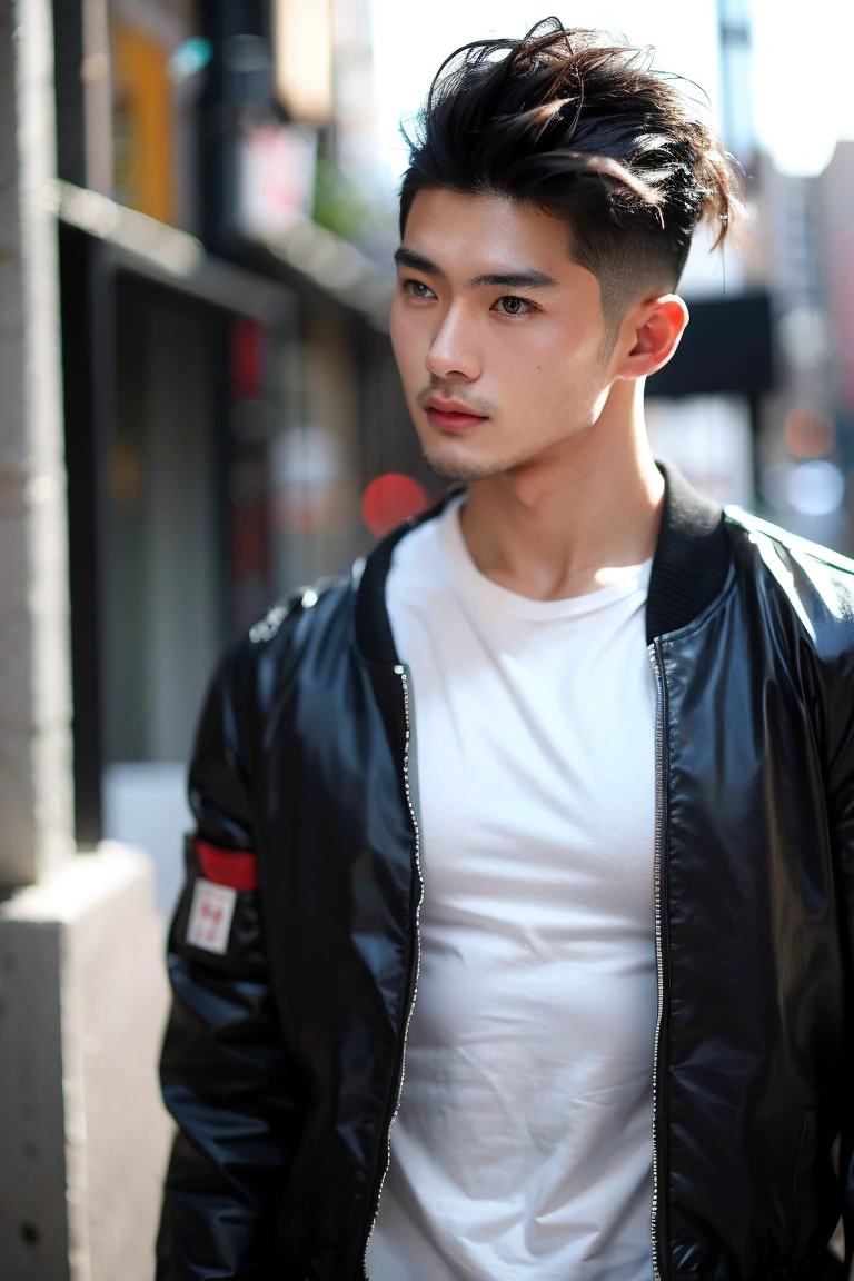 Realistic Photography, Handsome asian Men, over shoulder back hair, wolfcut boiyish hairstyle, white shirt, muscle body, wear black bomber jacket