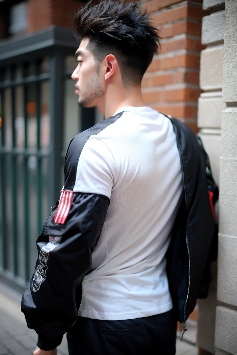 Realistic Photography, Handsome asian Men, over shoulder back hair, wolfcut boiyish hairstyle, white shirt, muscle body, wear black bomber jacket