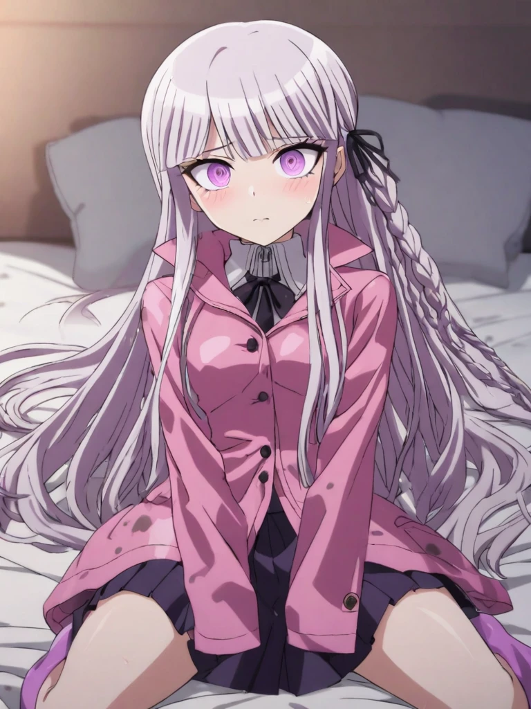 a beautiful girl with long light purple hair wearing a shiny pink raincoat, laying on a bed with white sheets and pillows, looking up at the viewer with an embarrassed and shy expression, her clothes are dripping and splattered with mud, detailed eyes, black pleated skirt, perfect anatomy, kyouko kirigiri, long hair with bangs, ribbon, purple eyes, single braid, pink rainboots