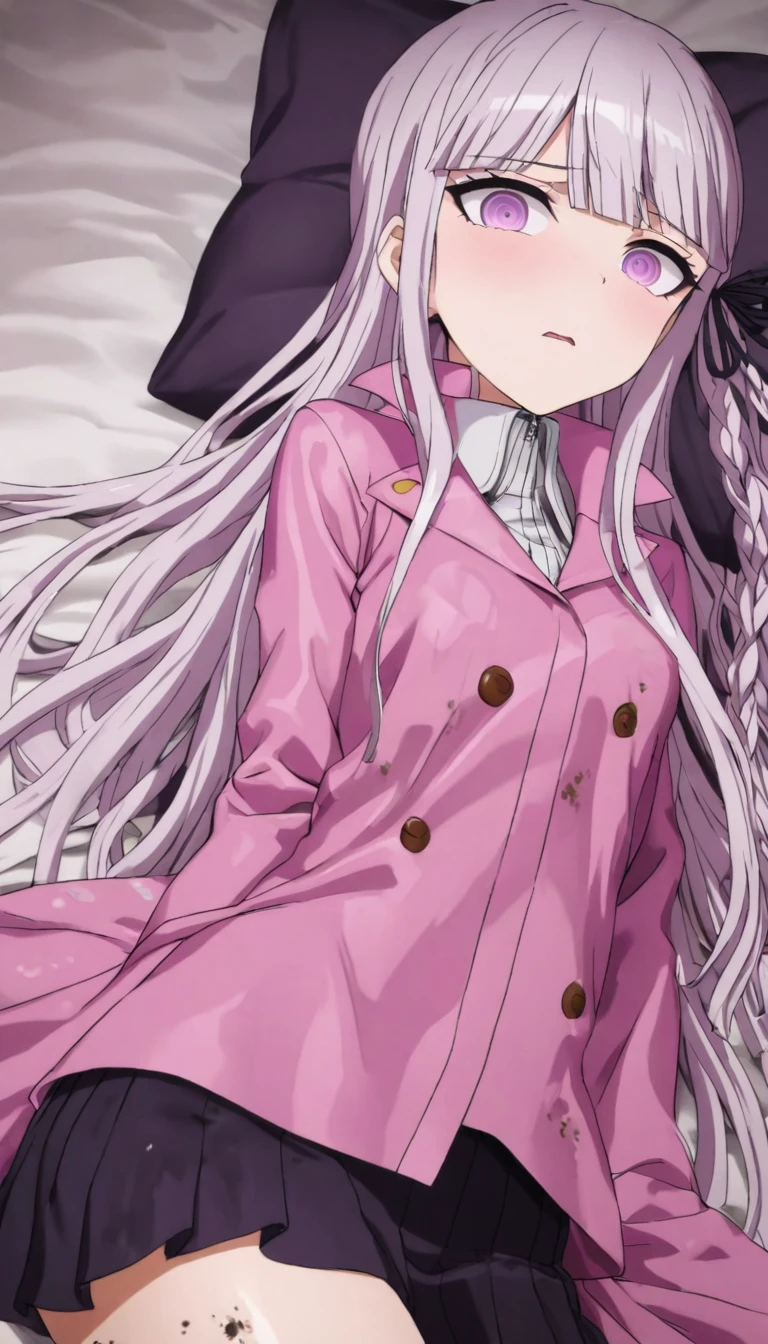 (masterpiece), (best quality), (ultra-detailed), wallpaper, highest quality, (an extremely delicate and beautiful), 1girl, illustration, dynamic angle, cowboy shot, (kyoko kirigiri), long light purple hair, focus on eyes, (shiny pink raincoat), (mud dripping on clothes), (mud splattered on clothes), (smearing mud on raincoat), (drenched in mud), buttoned raincoat, detailed eyes, black pleated skirt, looking up at viewer, laying on bed, bedroom, white sheets, white pillows, embarrassed expression, blushing, shy, perfect anatomy, kyouko kirigiri, long hair, bangs, ribbon, purple eyes, hair ribbon, purple hair, braid, single braid, side braid