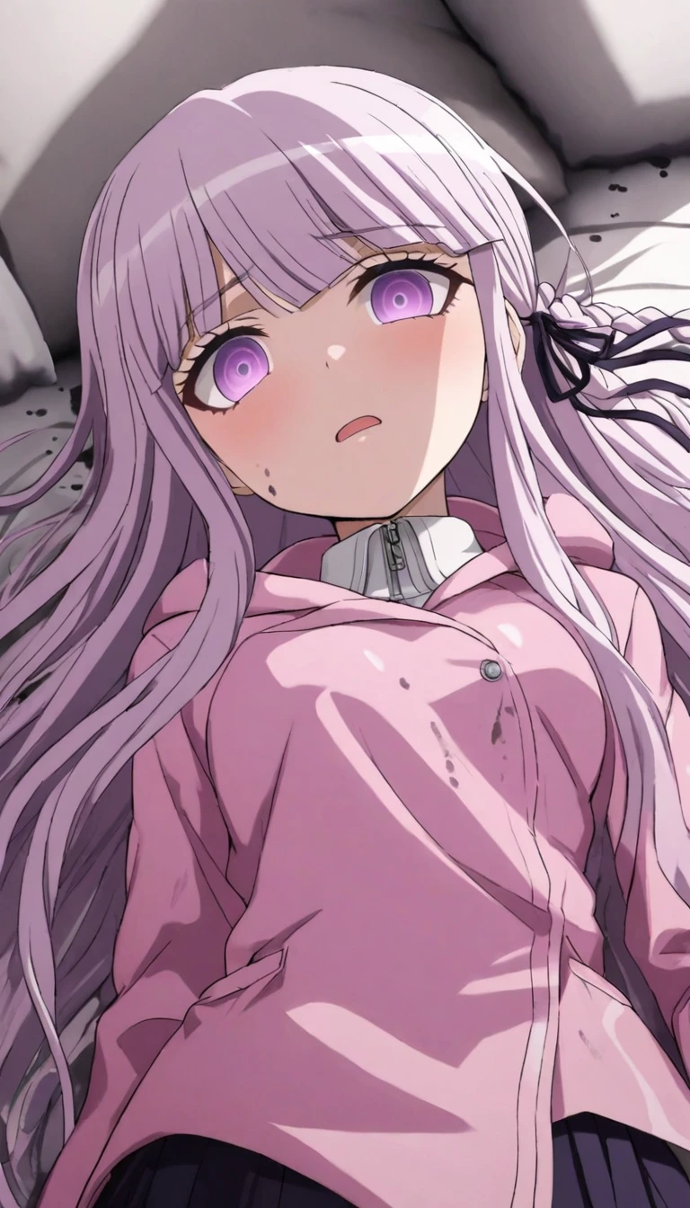 a beautiful girl with long light purple hair wearing a shiny pink raincoat, laying on a bed with white sheets and pillows, looking up at the viewer with an embarrassed and shy expression, her clothes are dripping and splattered with mud, detailed eyes, black pleated skirt, perfect anatomy, kyouko kirigiri, long hair with bangs, ribbon, purple eyes, single braid