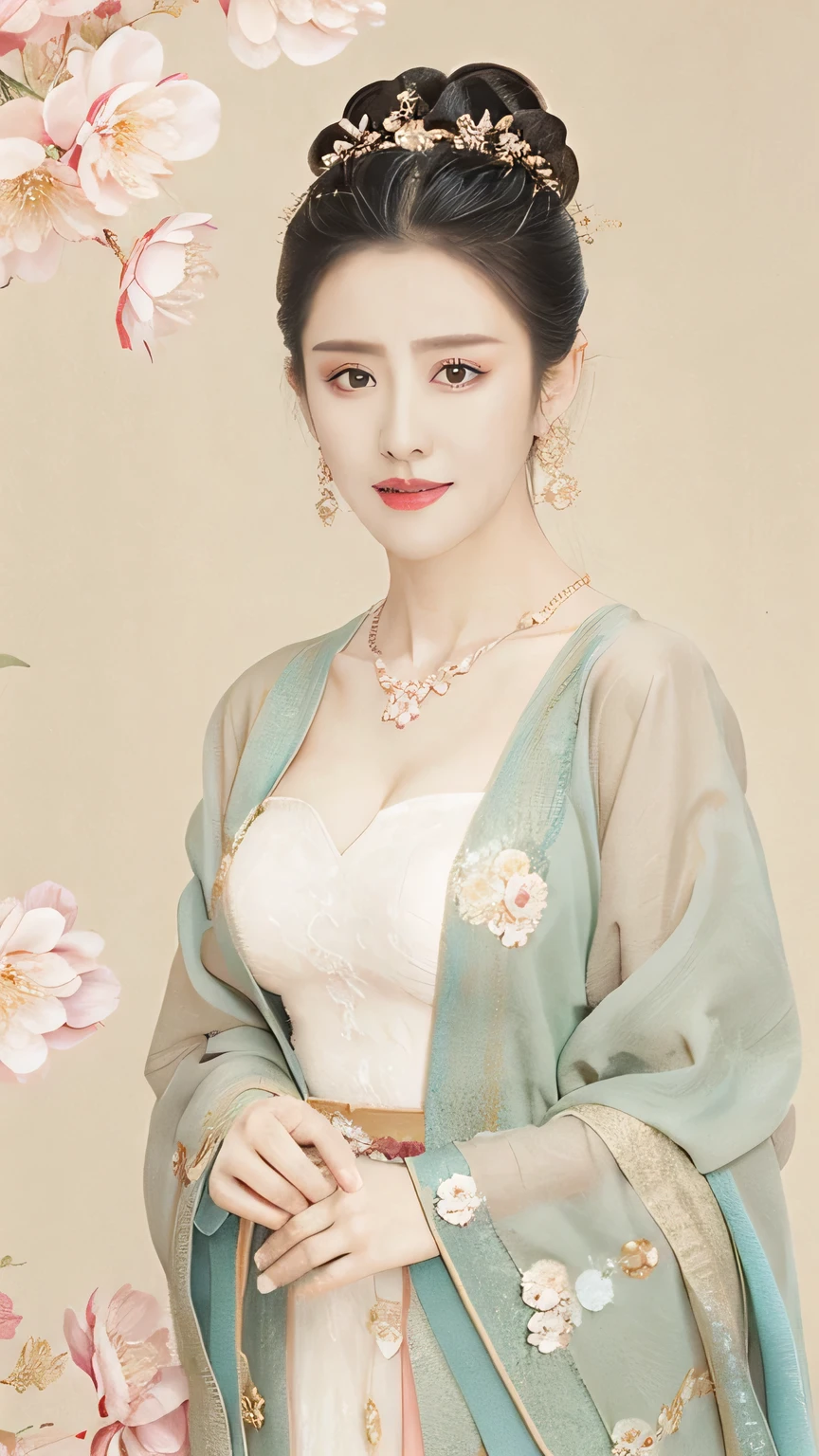 highly detailed, 8K, masterpiece, full-body shot，Facing the camera，1 girl, Black hair, nude, Smile, (perfect_Face), boundary, close up, crazy,, Gorgeous, complicated, Dramatic Lighting, 4K, detailed, Caustic lines, Half Body,  Huge breasts 1.5，Deep cleavage，Transparent woven Hanfu，Exquisite ancient hair accessories、Necklace and Earrings，Standing under the peach tree in full bloom，Flowers all around。