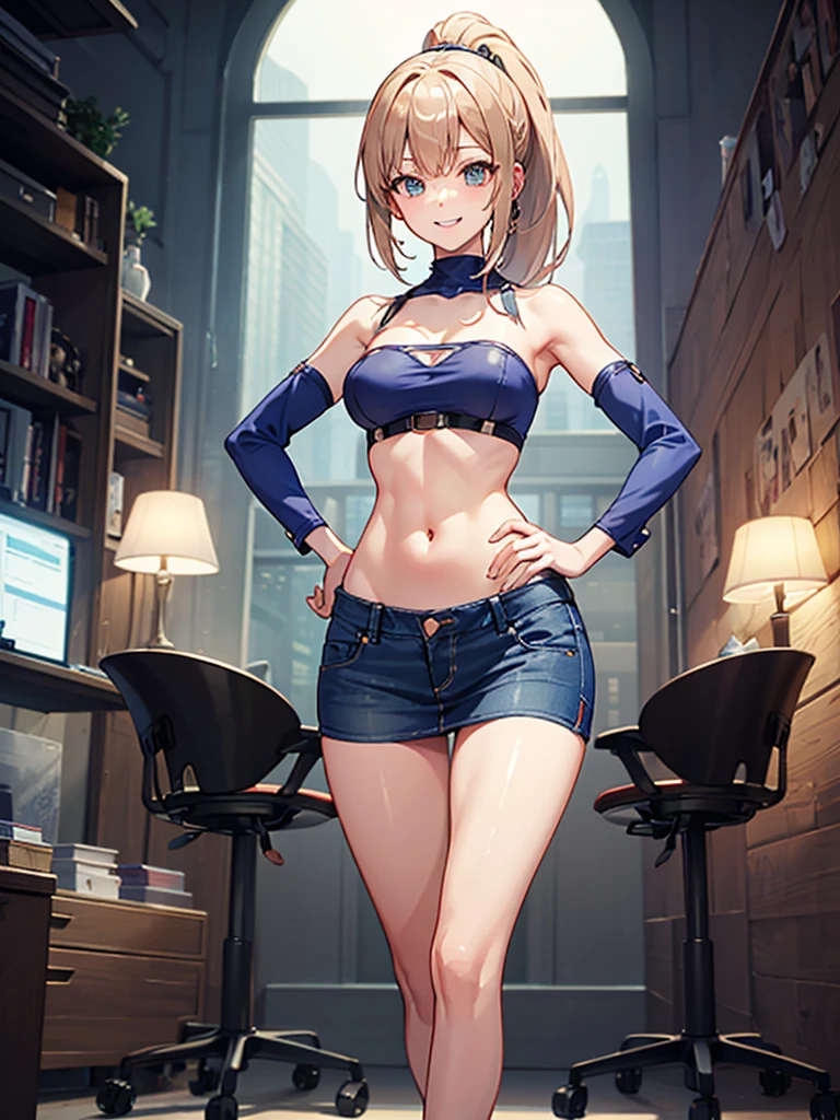 (highest quality, High resolution, perfect pixel, Depth of bounds written, 4K), upper body, (chair), (looking down), (detailed eyes), (1 lady), tall, (skinny body:1.2), (thin thighs:1.2), (Narrow hips:1.2), (tube tops:1.2), bellybutton, sleeveless, (denim skirt:1.2), middle breasts, blond hair, (ponytail:1.2), (standing:1.2), (hands on hips:1.2), contrapposto, (seductive smile), 