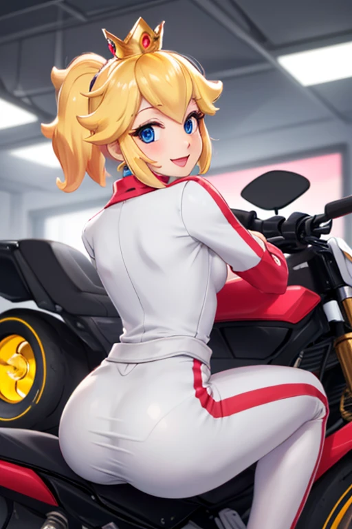 masterpiece, high quality, extremely detailed, 1girl, solo, ambient soft lighting, perfect lighting, princess_peach_mariokart_outfit, golden crown, white and pink motorcycle suit, short blonde hair, bright blue eyes, round ass, thrilled smile, closed mouth, excited expression on face, Looking back, looking from behind, back shot, sharp focus on back view, bent forward, bent over, sitting on top of a motorcycle, riding a motorcycle, The 4k textures showcases the utmost level of detail, while the cinematic lighting adds depth and adventure to the scene
