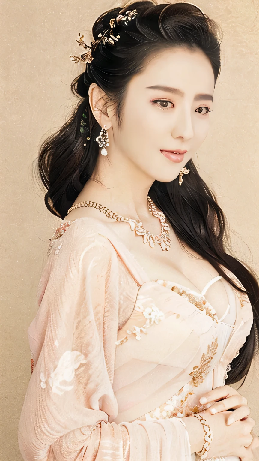 highly detailed, 8K, masterpiece, full-body shot，Facing the camera，1 girl, Black hair, nude, Smile, (perfect_Face), boundary, close up, crazy,, Gorgeous, complicated, Dramatic Lighting, 4K, detailed, Caustic lines, Half Body,  Huge breasts 1.5，Deep cleavage，Transparent woven Hanfu，Exquisite ancient hair accessories、Necklace and Earrings，Standing under the peach tree in full bloom，Flowers all around。