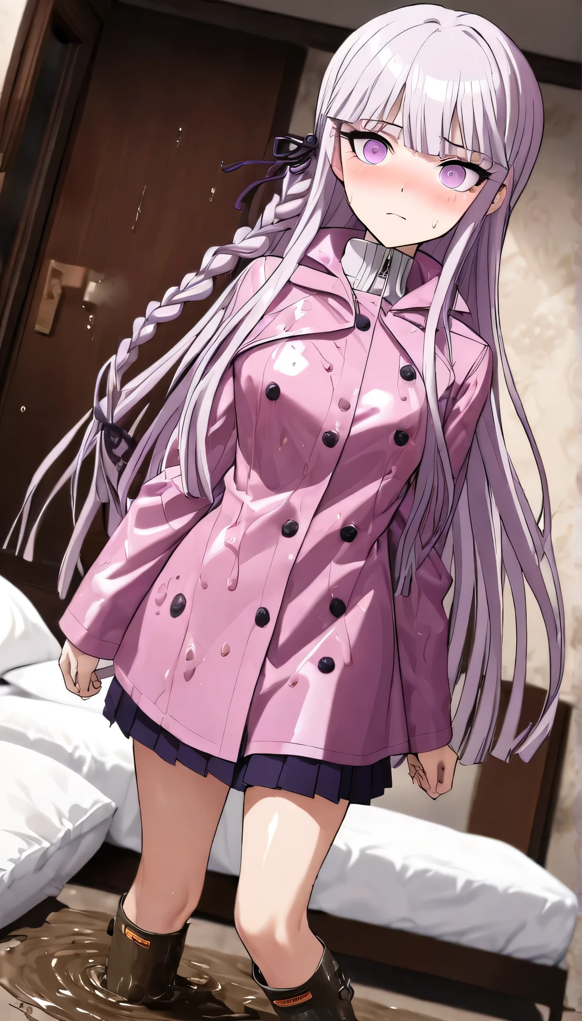 (masterpiece), (best quality), (ultra-detailed), wallpaper, highest quality, (an extremely delicate and beautiful), 1girl, illustration, dynamic angle, cowboy shot, (kyoko kirigiri), long light purple hair, focus on eyes, (shiny pink raincoat), (mud dripping on clothes), tall rain boots, (mud splattered on clothes), (smearing mud on raincoat), (drenched in mud), buttoned raincoat, detailed eyes, black pleated skirt, looking up at viewer, laying on bed, bedroom, white sheets, white pillows, embarrassed expression, blushing, shy, perfect anatomy, kyouko kirigiri, long hair, bangs, ribbon, purple eyes, hair ribbon, purple hair, braid, single braid, side braid