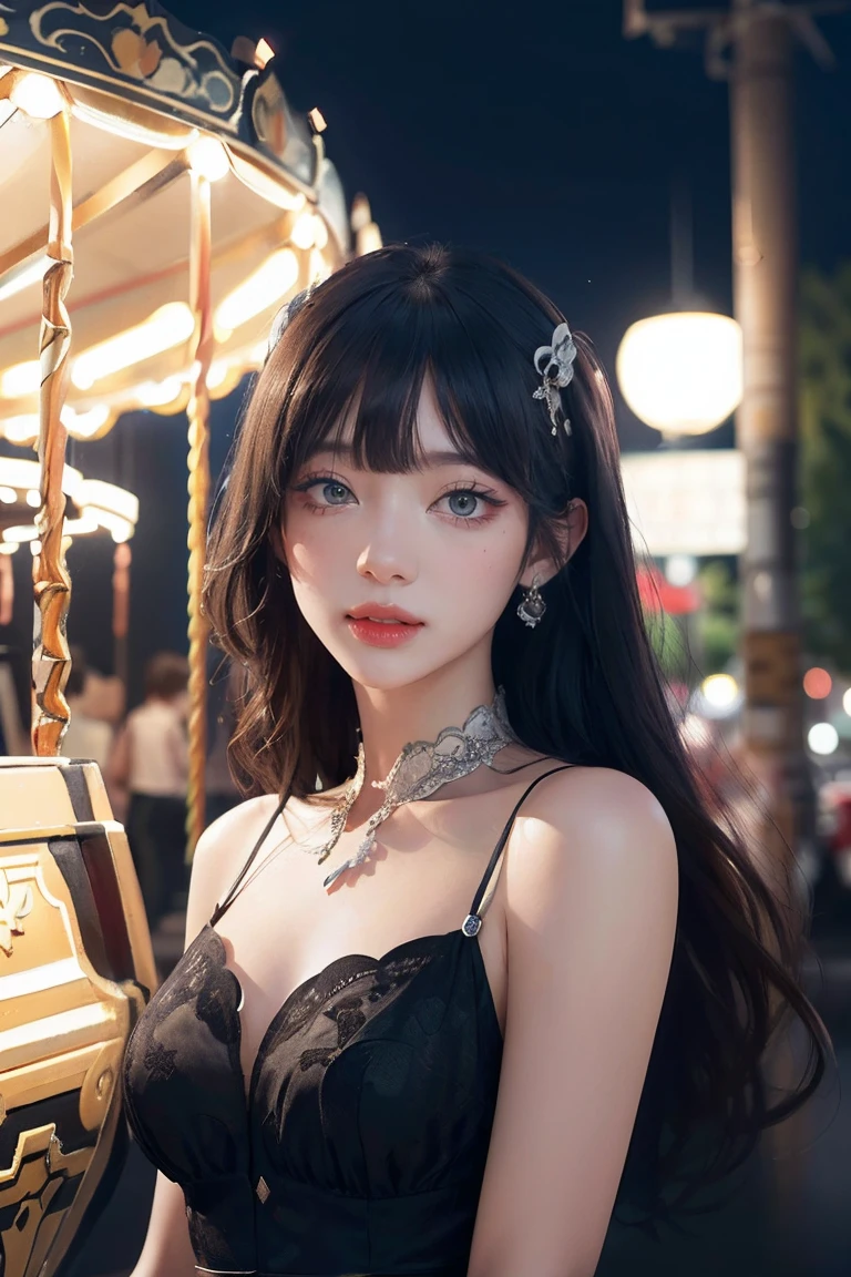 (8k, RAW photo, best quality, masterpiece:1.2), (realistic, photo-realistic:1.37) , 1girl, (carousel, night), miaoxiaoji(secret_tea), detailed face, detailed eyes, black dress