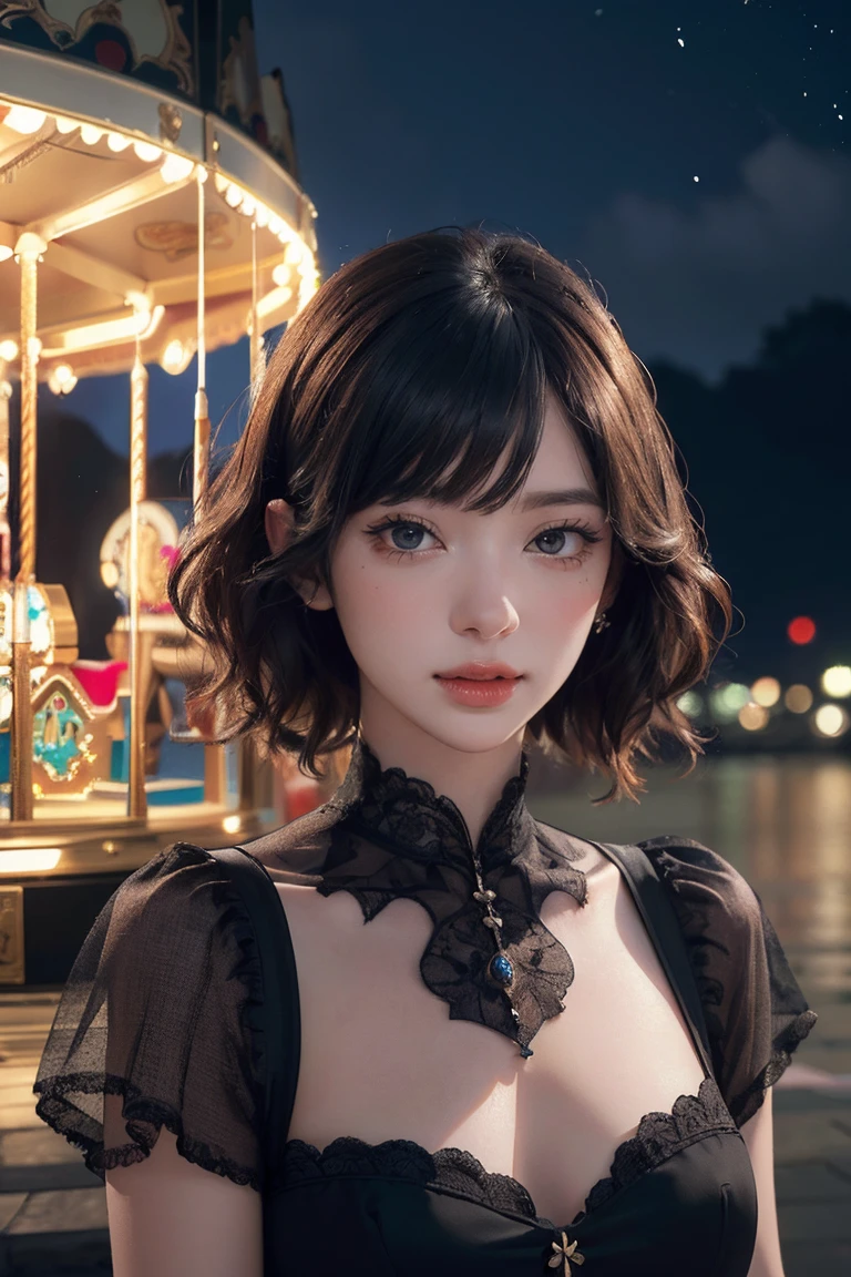 (8k, RAW photo, best quality, masterpiece:1.2), (realistic, photo-realistic:1.37) , 1girl, (carousel, night), miaoxiaoji(secret_tea), detailed face, detailed eyes, black dress