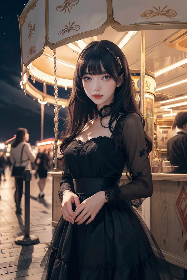 (8k, RAW photo, best quality, masterpiece:1.2), (realistic, photo-realistic:1.37) , 1girl, (carousel, night), miaoxiaoji(secret_tea), detailed face, detailed eyes, black dress