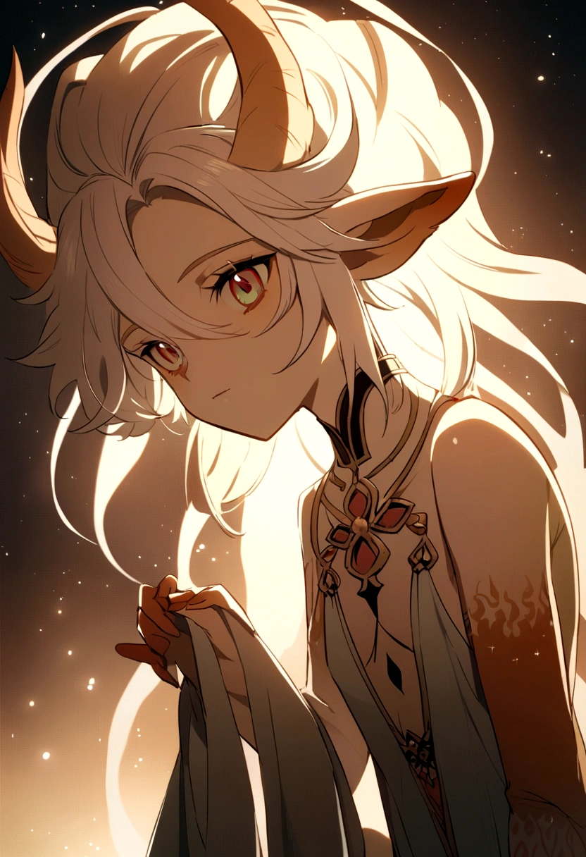 Brunette woman with platinum hair, golden eyes, dragon wings on the back, antlers,white leather clothing, golden leather.