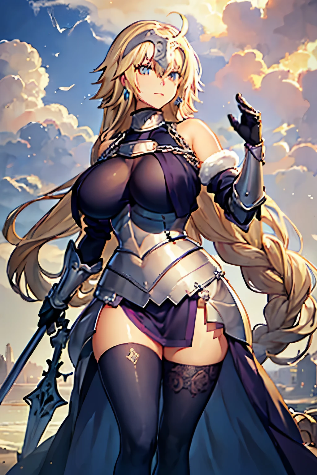 masterpiece, Highest quality, 1 person,(  Are standing, View your viewers),Detailed Background、A person who writes in detail、Accurate human body、Knowledgeable person、Accurate 5 fingers, (woman,Curvy body,alone ,),large breasts ,(jeanne_d_arch_fgo),