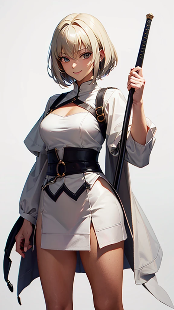 Wicked Smile, Strong women, (masterpiece, 4K ,Super detailed:1.2), (anime:1), whole body側面図, jRPG Characters, jRPG Characters art, RPG Characters, View Viewer, short hair, ((Female Swordsman), (Medieval), whole body, (Perfect quality), Pure white background, Lots of white space, Dark skin, whole bodyが写っている, mini skirt