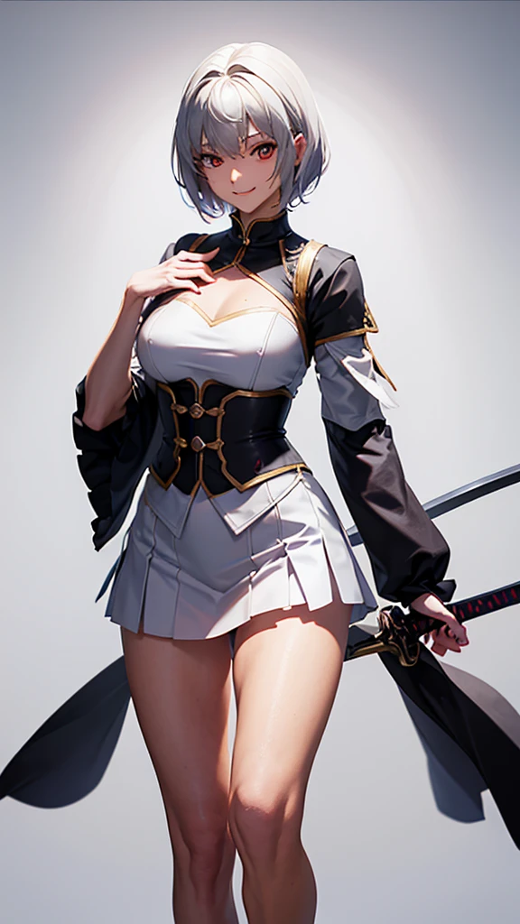 Wicked Smile, Strong women, (masterpiece, 4K ,Super detailed:1.2), (anime:1), whole body側面図, jRPG Characters, jRPG Characters art, RPG Characters, View Viewer, short hair, ((Female Swordsman), (Medieval), whole body, (Perfect quality), Pure white background, Lots of white space, Dark skin, whole bodyが写っている, mini skirt