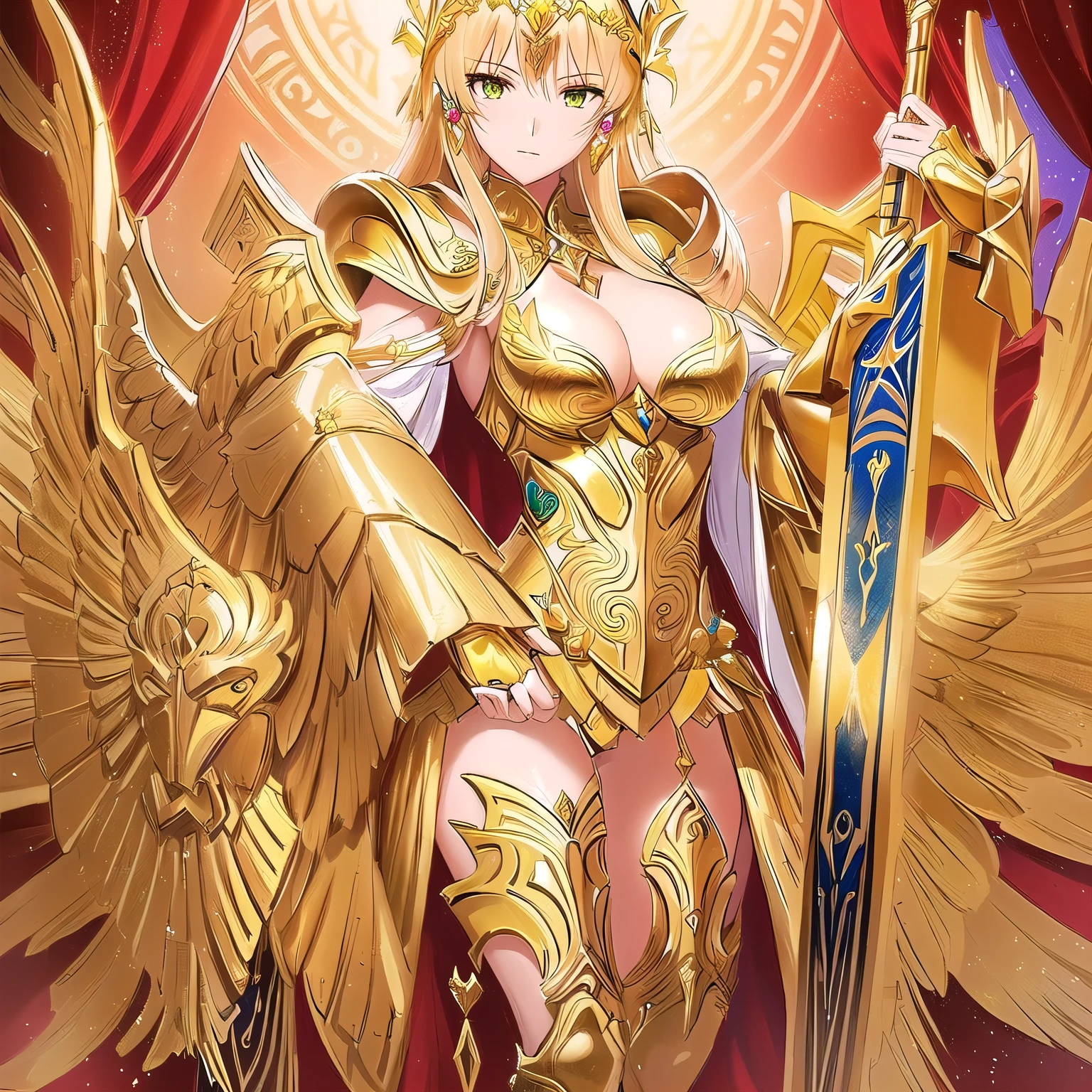 best quality, extremely beautiful, beautiful face, angel woman, four huges golden wing, revealing armor with open front skirt, very long dark hair